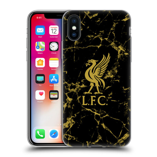 Liverpool Football Club Crest & Liverbird Patterns 1 Black & Gold Marble Soft Gel Case for Apple iPhone X / iPhone XS
