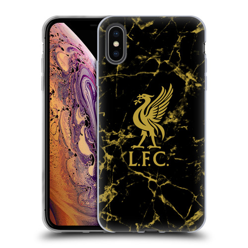 Liverpool Football Club Crest & Liverbird Patterns 1 Black & Gold Marble Soft Gel Case for Apple iPhone XS Max