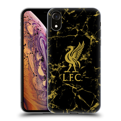 Liverpool Football Club Crest & Liverbird Patterns 1 Black & Gold Marble Soft Gel Case for Apple iPhone XR