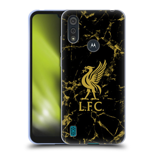 Liverpool Football Club Crest & Liverbird Patterns 1 Black & Gold Marble Soft Gel Case for Motorola Moto E6s (2020)