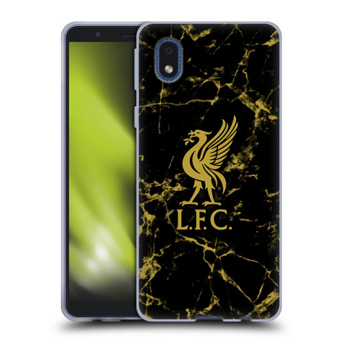 Liverpool Football Club Crest & Liverbird Patterns 1 Black & Gold Marble Soft Gel Case for Samsung Galaxy A01 Core (2020)