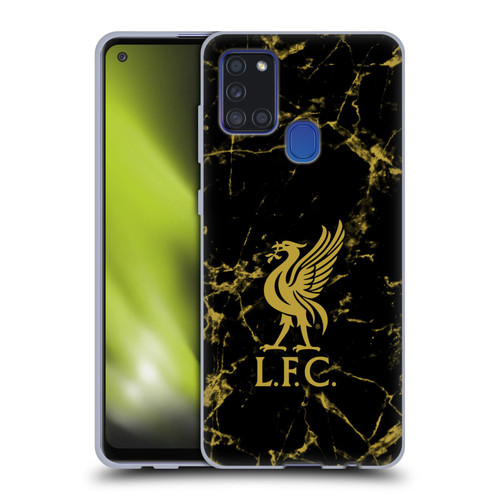 Liverpool Football Club Crest & Liverbird Patterns 1 Black & Gold Marble Soft Gel Case for Samsung Galaxy A21s (2020)