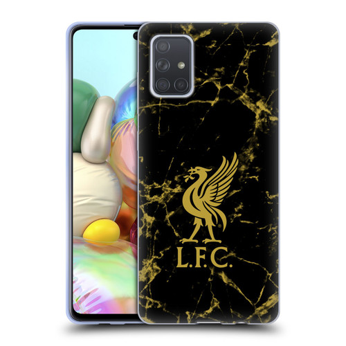 Liverpool Football Club Crest & Liverbird Patterns 1 Black & Gold Marble Soft Gel Case for Samsung Galaxy A71 (2019)