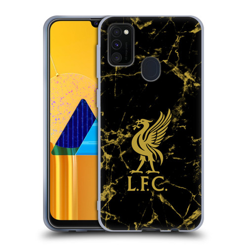 Liverpool Football Club Crest & Liverbird Patterns 1 Black & Gold Marble Soft Gel Case for Samsung Galaxy M30s (2019)/M21 (2020)