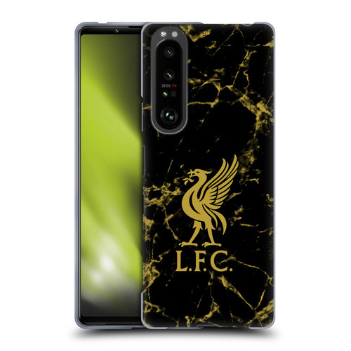 Liverpool Football Club Crest & Liverbird Patterns 1 Black & Gold Marble Soft Gel Case for Sony Xperia 1 III