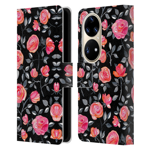 Micklyn Le Feuvre Florals Roses on Black Leather Book Wallet Case Cover For Huawei P50 Pro