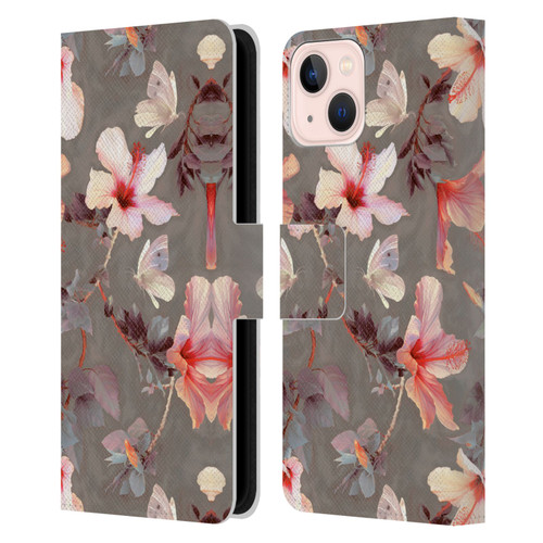 Micklyn Le Feuvre Florals Coral Hibiscus Leather Book Wallet Case Cover For Apple iPhone 13