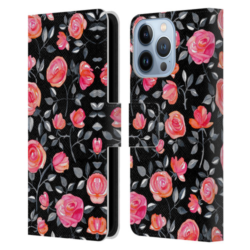 Micklyn Le Feuvre Florals Roses on Black Leather Book Wallet Case Cover For Apple iPhone 13 Pro