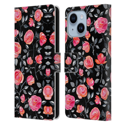 Micklyn Le Feuvre Florals Roses on Black Leather Book Wallet Case Cover For Apple iPhone 14 Plus