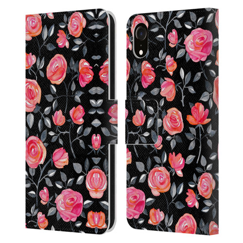 Micklyn Le Feuvre Florals Roses on Black Leather Book Wallet Case Cover For Apple iPhone XR