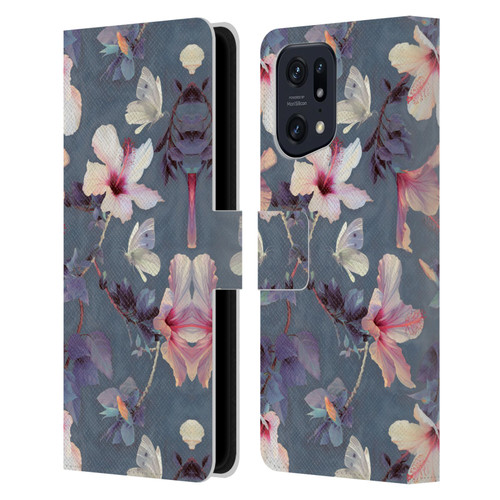 Micklyn Le Feuvre Florals Butterflies and Hibiscus Leather Book Wallet Case Cover For OPPO Find X5