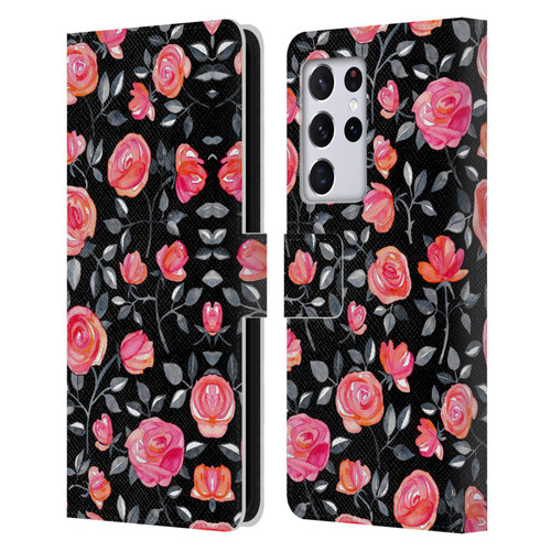Micklyn Le Feuvre Florals Roses on Black Leather Book Wallet Case Cover For Samsung Galaxy S21 Ultra 5G