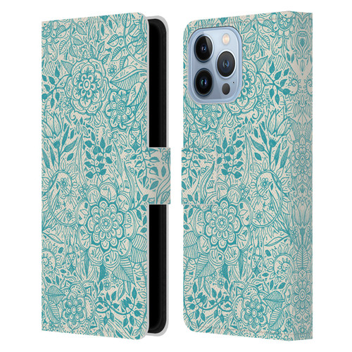 Micklyn Le Feuvre Floral Patterns Teal And Cream Leather Book Wallet Case Cover For Apple iPhone 13 Pro Max