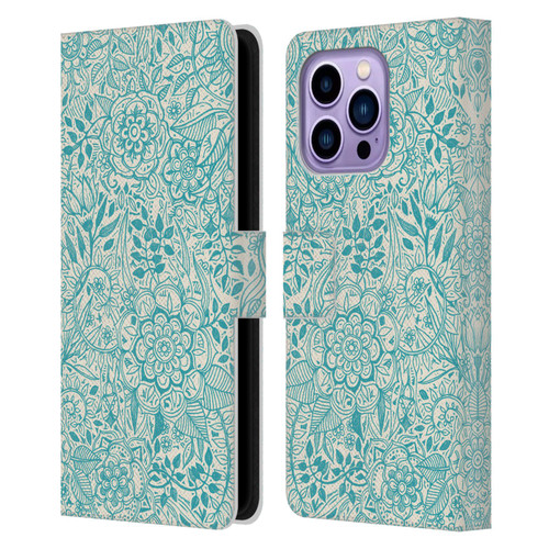 Micklyn Le Feuvre Floral Patterns Teal And Cream Leather Book Wallet Case Cover For Apple iPhone 14 Pro Max