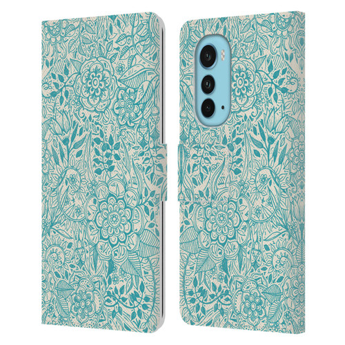 Micklyn Le Feuvre Floral Patterns Teal And Cream Leather Book Wallet Case Cover For Motorola Edge (2022)