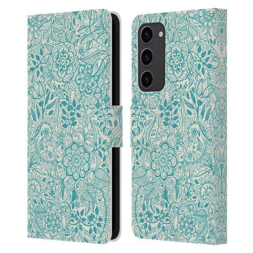 Micklyn Le Feuvre Floral Patterns Teal And Cream Leather Book Wallet Case Cover For Samsung Galaxy S23+ 5G
