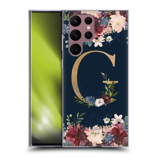 Nature Magick Floral Monogram Gold Navy Letter G Soft Gel Case for Samsung Galaxy S22 Ultra 5G
