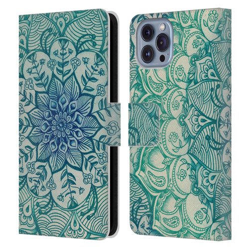 Micklyn Le Feuvre Mandala 3 Emerald Doodle Leather Book Wallet Case Cover For Apple iPhone 14