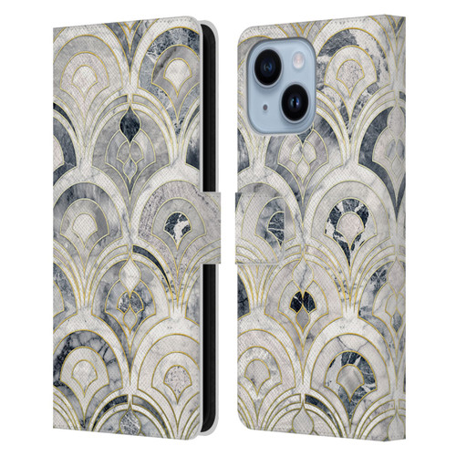 Micklyn Le Feuvre Marble Patterns Monochrome Art Deco Tiles Leather Book Wallet Case Cover For Apple iPhone 14 Plus