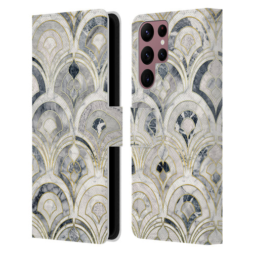 Micklyn Le Feuvre Marble Patterns Monochrome Art Deco Tiles Leather Book Wallet Case Cover For Samsung Galaxy S22 Ultra 5G