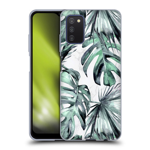 Nature Magick Tropical Palm Leaves On Marble Turquoise Green Island Soft Gel Case for Samsung Galaxy A03s (2021)