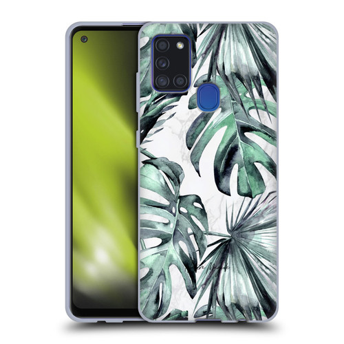 Nature Magick Tropical Palm Leaves On Marble Turquoise Green Island Soft Gel Case for Samsung Galaxy A21s (2020)