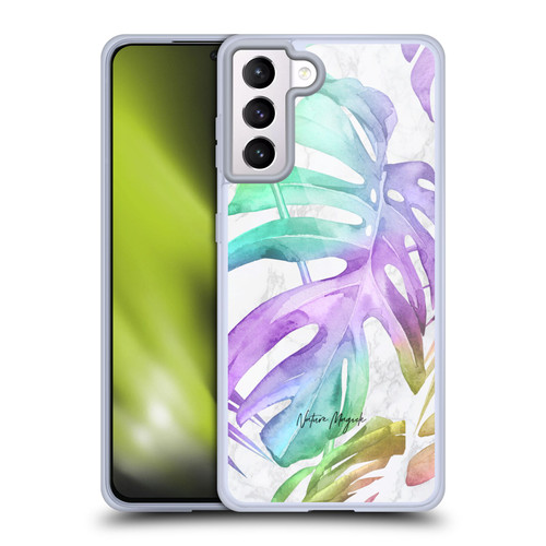 Nature Magick Tropical Palm Leaves On Marble Rainbow Leaf Soft Gel Case for Samsung Galaxy S21+ 5G