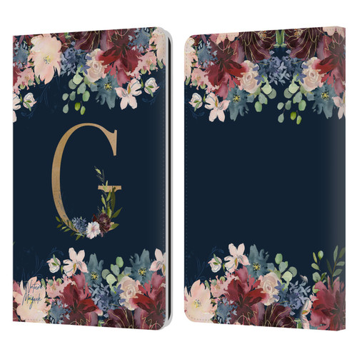 Nature Magick Floral Monogram Gold Navy Letter G Leather Book Wallet Case Cover For Amazon Kindle Paperwhite 1 / 2 / 3