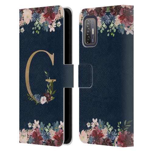 Nature Magick Floral Monogram Gold Navy Letter G Leather Book Wallet Case Cover For HTC Desire 21 Pro 5G