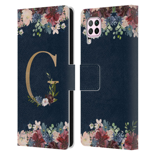 Nature Magick Floral Monogram Gold Navy Letter G Leather Book Wallet Case Cover For Huawei Nova 6 SE / P40 Lite