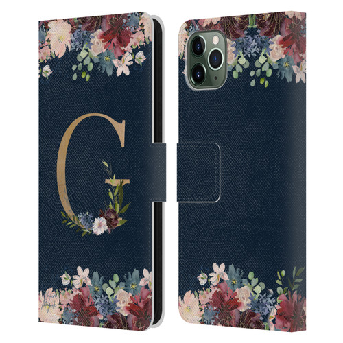 Nature Magick Floral Monogram Gold Navy Letter G Leather Book Wallet Case Cover For Apple iPhone 11 Pro Max