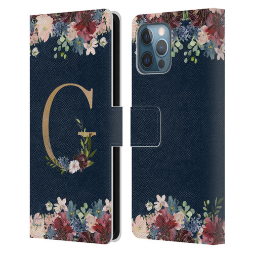 Nature Magick Floral Monogram Gold Navy Letter G Leather Book Wallet Case Cover For Apple iPhone 12 Pro Max
