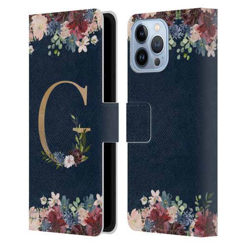 Nature Magick Floral Monogram Gold Navy Letter G Leather Book Wallet Case Cover For Apple iPhone 13 Pro Max