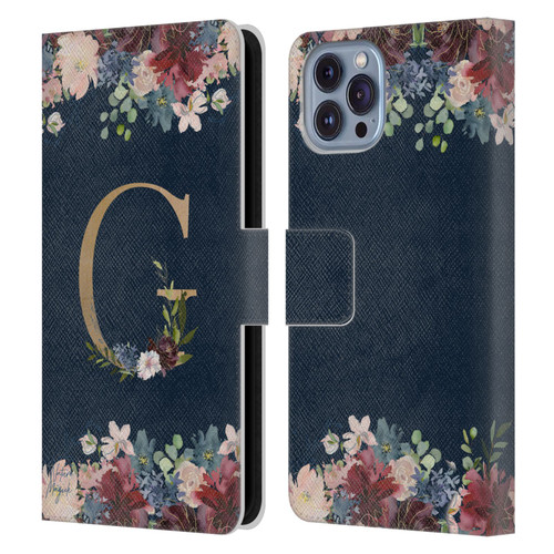 Nature Magick Floral Monogram Gold Navy Letter G Leather Book Wallet Case Cover For Apple iPhone 14