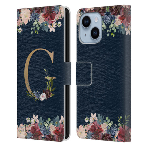 Nature Magick Floral Monogram Gold Navy Letter G Leather Book Wallet Case Cover For Apple iPhone 14 Plus