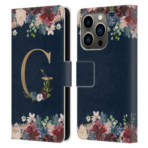 Nature Magick Floral Monogram Gold Navy Letter G Leather Book Wallet Case Cover For Apple iPhone 14 Pro