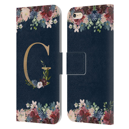 Nature Magick Floral Monogram Gold Navy Letter G Leather Book Wallet Case Cover For Apple iPhone 6 Plus / iPhone 6s Plus