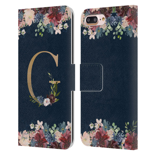 Nature Magick Floral Monogram Gold Navy Letter G Leather Book Wallet Case Cover For Apple iPhone 7 Plus / iPhone 8 Plus