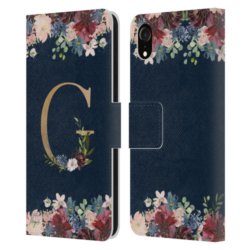 Nature Magick Floral Monogram Gold Navy Letter G Leather Book Wallet Case Cover For Apple iPhone XR