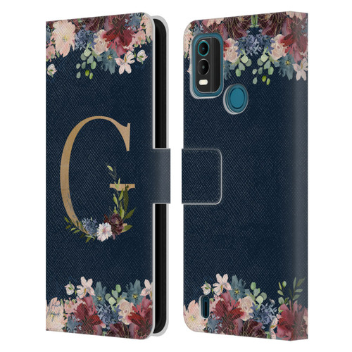 Nature Magick Floral Monogram Gold Navy Letter G Leather Book Wallet Case Cover For Nokia G11 Plus