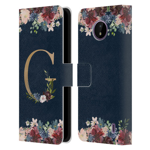 Nature Magick Floral Monogram Gold Navy Letter G Leather Book Wallet Case Cover For Nokia C10 / C20