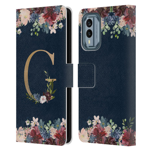 Nature Magick Floral Monogram Gold Navy Letter G Leather Book Wallet Case Cover For Nokia X30