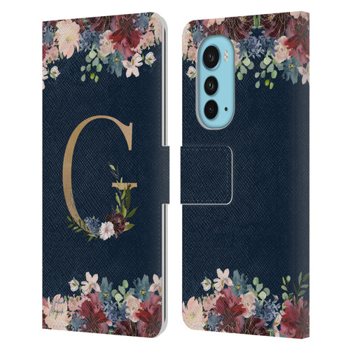 Nature Magick Floral Monogram Gold Navy Letter G Leather Book Wallet Case Cover For Motorola Edge (2022)