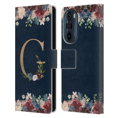 Nature Magick Floral Monogram Gold Navy Letter G Leather Book Wallet Case Cover For Motorola Edge 30