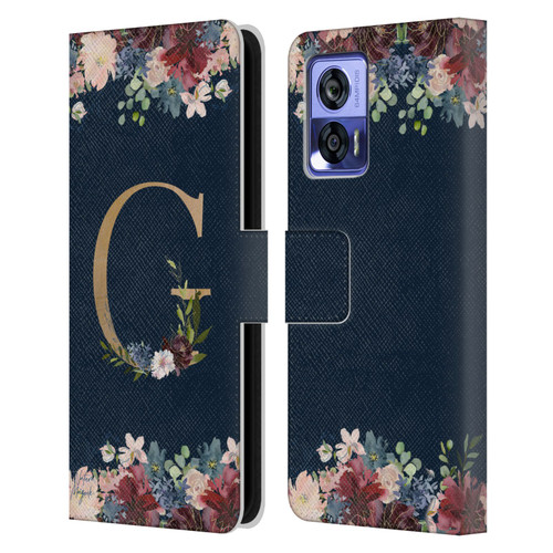 Nature Magick Floral Monogram Gold Navy Letter G Leather Book Wallet Case Cover For Motorola Edge 30 Neo 5G