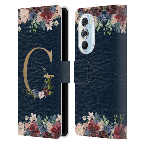 Nature Magick Floral Monogram Gold Navy Letter G Leather Book Wallet Case Cover For Motorola Edge X30