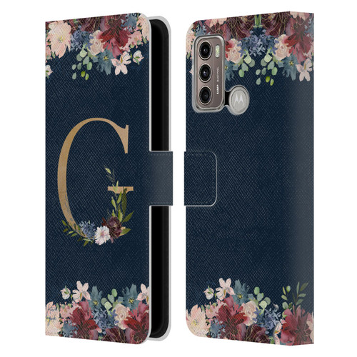 Nature Magick Floral Monogram Gold Navy Letter G Leather Book Wallet Case Cover For Motorola Moto G60 / Moto G40 Fusion