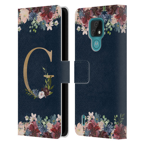 Nature Magick Floral Monogram Gold Navy Letter G Leather Book Wallet Case Cover For Motorola Moto E7