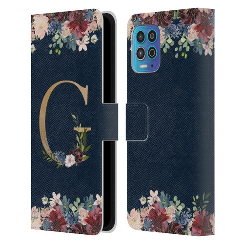 Nature Magick Floral Monogram Gold Navy Letter G Leather Book Wallet Case Cover For Motorola Moto G100