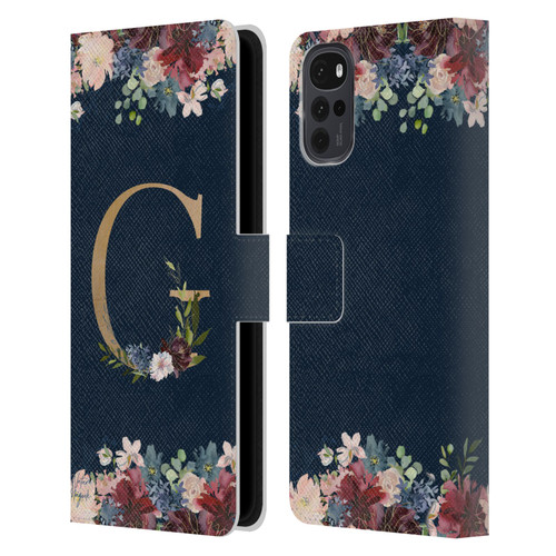 Nature Magick Floral Monogram Gold Navy Letter G Leather Book Wallet Case Cover For Motorola Moto G22